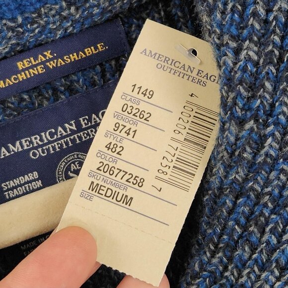 American Eagle Sweater Mens Medium Blue Shawl Collar Athletic Fit Wool Blend NEW - Picture 3 of 10